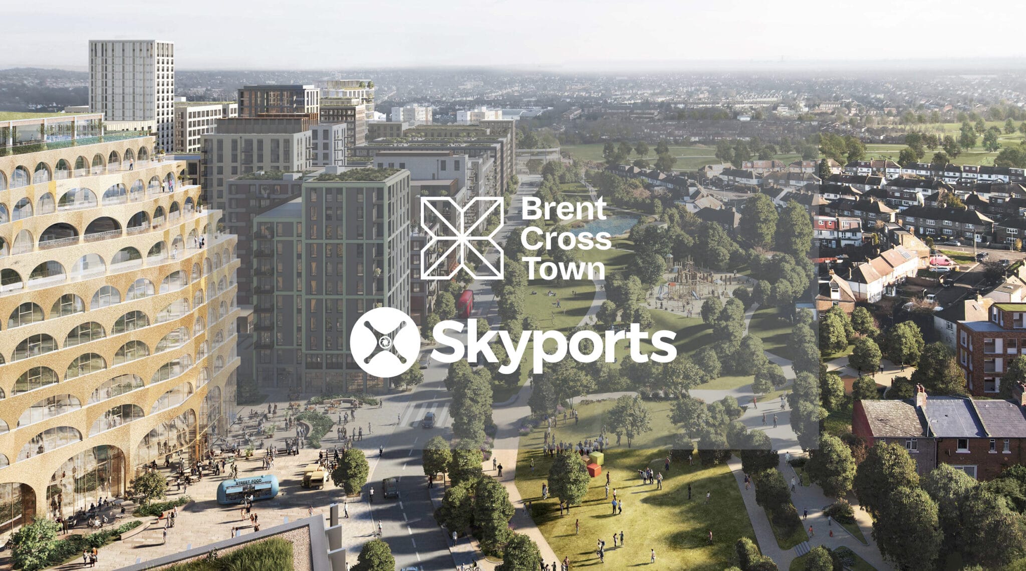 Skyport проект. Brent Cross Town. Нью Таун комплекс в обзоре. Компании Skyports и Volocopte фото.